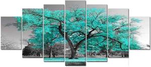 lot 13640 image: Visual Art Decor XLarge 7 Pieces Canvas Wall Art Teal Green Tree Landscape Black and White Picture Prints Framed and Stretched Painting Wall Decoration for Modern Living Room Office