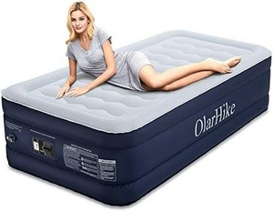 lot 13677 image: OlarHike 4.4 out of 5 stars��83Reviews OlarHike Twin Air Built-in Pump, Puncture Proof Blow up Inflatable Mattress with Comfort Flocked, Raised 18 High Airbed for Guests Camping Travel, 78x40x18inches, Ocean Blue