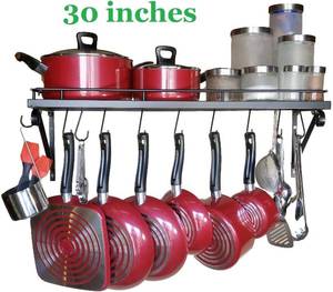 lot 13681 image: Premium Presents Wall Mounted Pots and Pans Rack. Pot Holders Wall Shelves With 10 Hooks. Kitchen Shelves Wall Mounted With Wall Hooks. Kitchen Storage Pot Holder Pot Rack, Black, Pack of 1