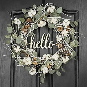 lot 13701 image: QUNWREATH Handmade 21 inch Cotton Wreath,Green Eucalyptus Leaf,Hello Letter,Gifts Package,Free Hooks,Front Door Rustic Wreath,Farmhouse Wreath,Grapevine Wreath,Light up Wreath,Everyday Wreath,QUNW75