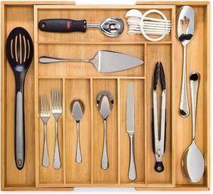 lot 13712 image: Dynamic Gear Bamboo Expandable Drawer Organizer, Premium Cutlery and Utensil Tray, 100% Pure Bamboo, Adjustable Kitchen Drawer Divider (7 Compartments Expandable)