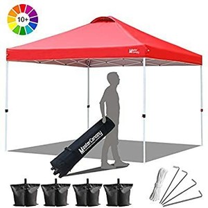 lot 13739 image: MASTERCANOPY Compact Canopy 10x10 Ez Pop up Canopy Portable Shade Instant Folding Better Air Circulation Canopy with Wheeled Bag,x4 Canopy Sandbags,x4 Tent Stakes(Red)��