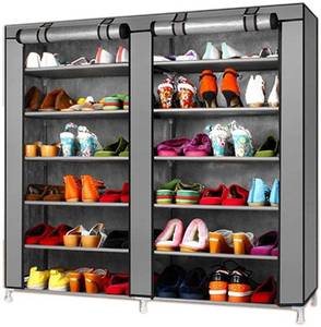 lot 13785 image: TXT&BAZ 36-Pairs Portable Shoe Rack Double Row with Nonwoven Fabric Cover (7-Tiers Silver Grey)