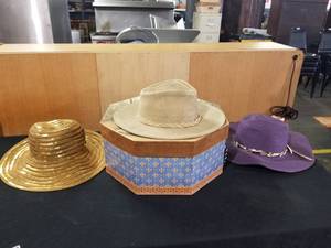 lot 7695 image: Minnetonka Genuine Leather Outback Hat - Med w Box, & 2 Other Hats - Straw, Purple