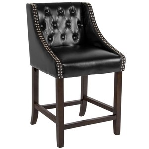 lot 6480 image: Carmel Series Flash Furniture 24 High Transitional Tufted Walnut Counter Height Stool with Accent Nail Trim in Black Leather