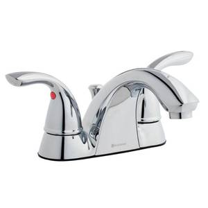 lot 4909 image: Glacier Bay Builders 4 in. Centerset 2-Handle Low-Arc Bathroom Faucet in Chrome, Grey