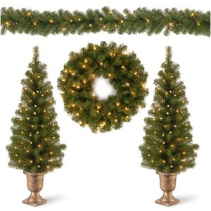 lot 4929 image: National Tree Company Promotional Assortment- 2 x 4 Entrance Trees in Black Gold Pot w50 Clear Lts24 Wreath w20 Warm White wCaps Bat. Op. Lts9x8 Garland w50 Clear LightsL