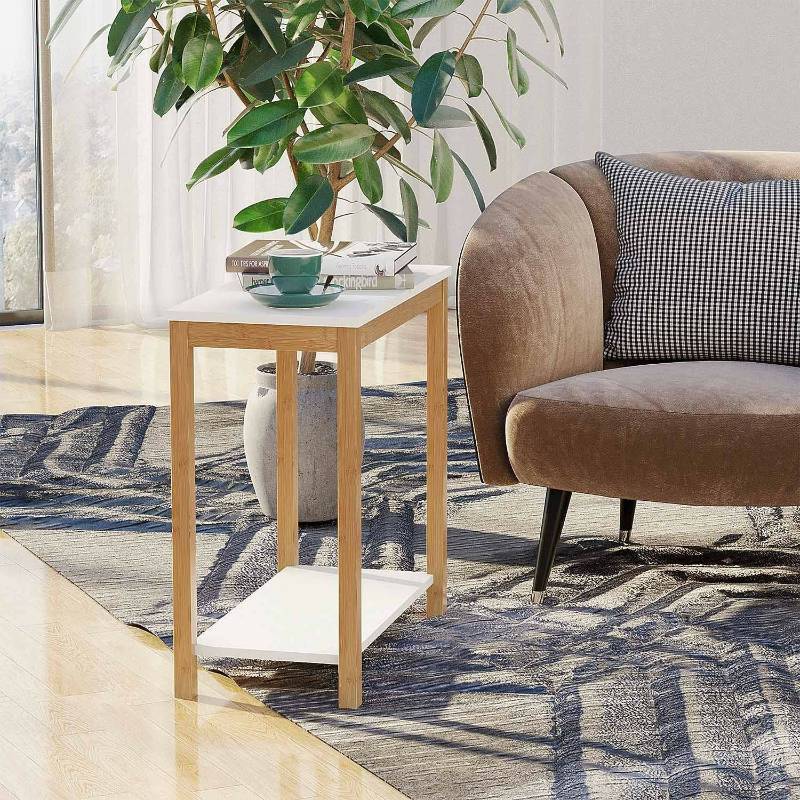 Modern Furniture for Living Room Bedroom Balcony Family and Office in White Color BAMEOS Bamboo Snack Table Sofa Console Table Side End Accent Table 2-Tier Side Table with Storage Shelf