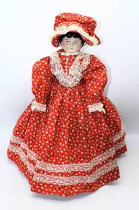 lot 2500 image: 17 Low Brow China Head Doll With China Arms and Legs - Bonnet and Dress