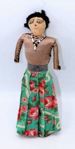 lot 2501 image: Antique Ink Drawn Face Hand Sewn Rolled Folk Art Cloth Doll w Metal Belt