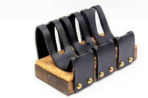 lot 1958 image: VINTAGE ESTATE LEATHER  WITH WOOD BLOCK & CORK BASE PIPE HOLDER STAND