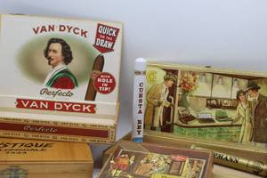 lot 1960 image: VINTAGE CIGAR BOXES AND TUBES TINDER BOX, VAN DYCK, CUESTA REY, MYSTIQUE & MORE