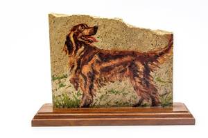 lot 1999 image: VINTAGE HAND-PAINTED IRISH SETTER ON STONE SECURED TO SOLID WOOD PLAQUE