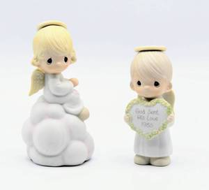 lot 2430 image: PRECIOUS MOMENTS  ENESCO 1980 Jonathan & David My Guardian Angel Music Box and 1985 Annual Edition God Sent His Love Figurine - Both in Excellent condition