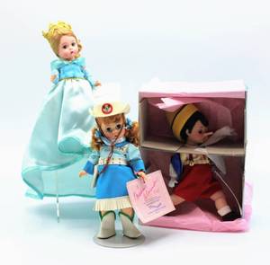 lot 2472 image: Lot of 3 - MADAME ALEXANDER Disney inspired dolls - SLEEPING BEAUTY, PINOCCHIO #477 and Round Up Day Mousketeer Doll