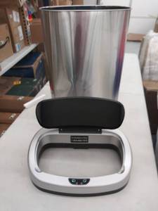 lot 8775 image: iTouchless 13 Gallon Oval Sensor Touchless Trash Can with Odor Control System, Automatic Stainless Steel Space-Saving Kitchen Garbage Bin for Home and Office DENTED