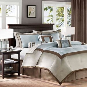 lot 8780 image: Madison Park Genevieve Queen Size Bag-Auqa, Taupe, 7 Pieces Bedding Sets �� Faux Silk Bedroom Comforters, Blue