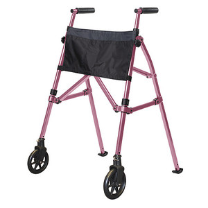 lot 8933 image: Stander EZ Fold-N-Go Walker - Lightweight Folding & Height Adjustable Adult Travel Walker for Seniors  Locking Swivel Wheels & Pouch - Regal Rose