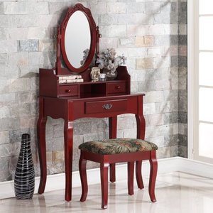 lot 9056 image: Roundhill Furniture Ribbon Wood Make-Up Vanity Table and Stool Set, Cherry