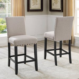 lot 9062 image: Roundhill Furniture Biony Fabric Nail Head Counter Height Stools, Tan