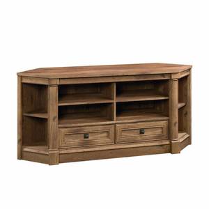lot 9131 image: Sauder Palladia Corner Entertainment Credenza, For TVs up to 60, Vintage Oak Finish NOT INSPECTED OUTSIDE OF BOX