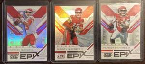 lot 1064 image: 2018 Score Patrick Mahomes Epix Complete Insert Set - All 3 Variations - Moment, Game, Season