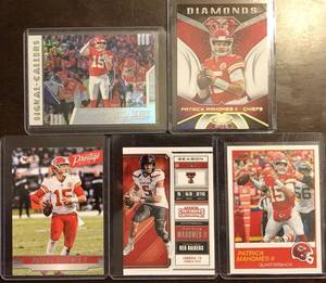 lot 1071 image: Lot of Five Patrick Mahomes Football Trading Cards - Score Signal Callers, Contenders Draft, Prestige, & Certified Diamonds Insert