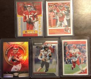 lot 1076 image: Lot of Five Patrick Mahomes Football Trading Cards - Score Insert, Score, Prizm, Optics, Certified Seal of Approval Insert - Kansas City Chiefs