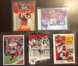 lot 1078 image: Lot of Five Patrick Mahomes Football Trading Cards - Score Signal Callers, Optic, Contenders, Score Insert, The National Giveaway