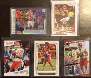 lot 1083 image: Lot of Five Patrick Mahomes Football Trading Cards - Score Insert, Score, Prestige, Legacy, Unparalleled - Kansas City Chiefs