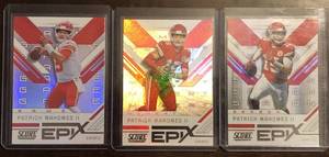 lot 1084 image: 2018 Score Patrick Mahomes Epix Complete Insert Set - All 3 Variations - Moment, Game, Season