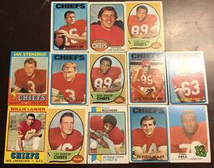 lot 1095 image: Lot of 13 1960s & 1970s Kansas City Chiefs - All Cards of Ring of Honor - Len Dawson, Stenerud, Lanier, Buck & More
