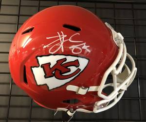 lot 1004 image: Signed Travis Kelce White Ink Kansas City Chiefs SPEED Replica Full Sized Football Helmet With James Spence Witness Authentication