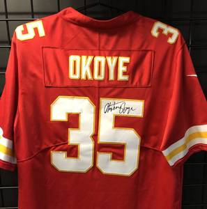 lot 1014 image: Signed Christian Okoye Size L #35 Kansas City Chiefs Nike Jersey w Lamar Hunt AFC Patch