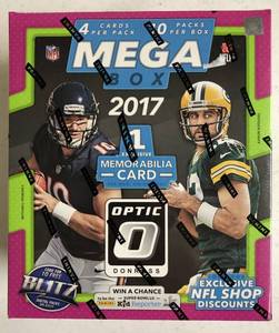 lot 1059 image: 2017 Optic Football Trading Card MEGA Box with Possible Patrick Mahomes Rookie Cards - Sealed Box with 10 Packs & Guaranteed Memorabilia Card