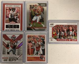 lot 1100 image: Lot of Five Patrick Mahomes Football Trading Cards - Score Insert, Score Huddle Up, Prizm, Contenders Draft