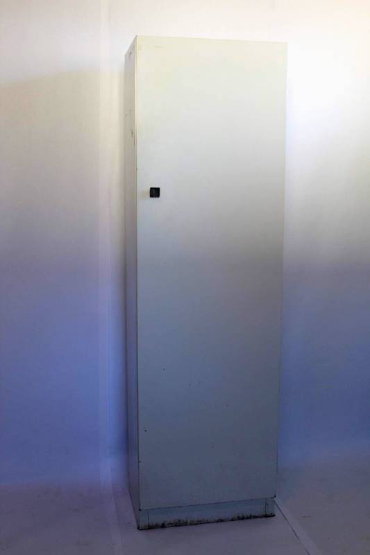 lot 2012 image: Antique Single Door Steel Free Standing Metal Storage Cabinet with Magnetic Closure