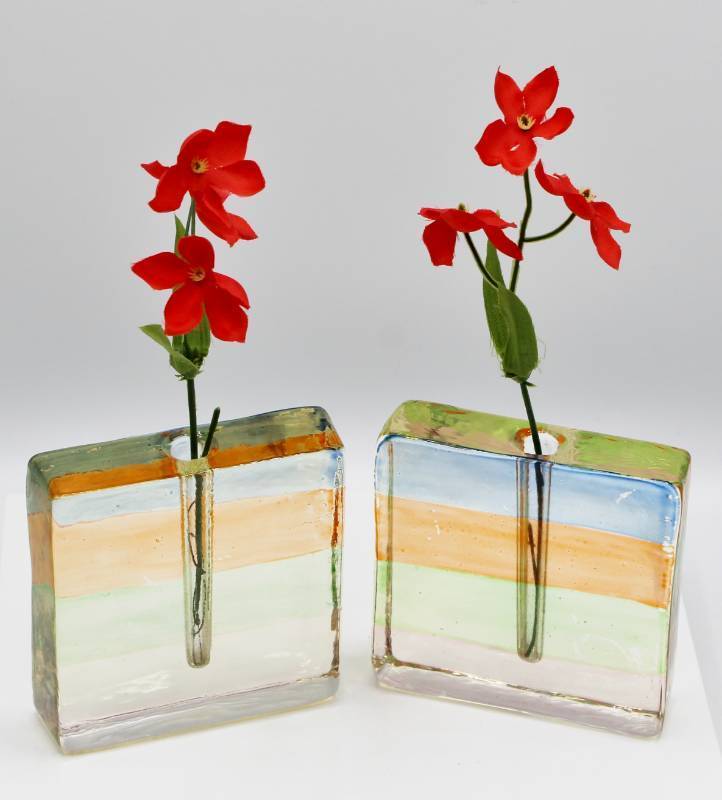 lot 2049 image: Art Glass Block Bud Vase x 2 Vintage