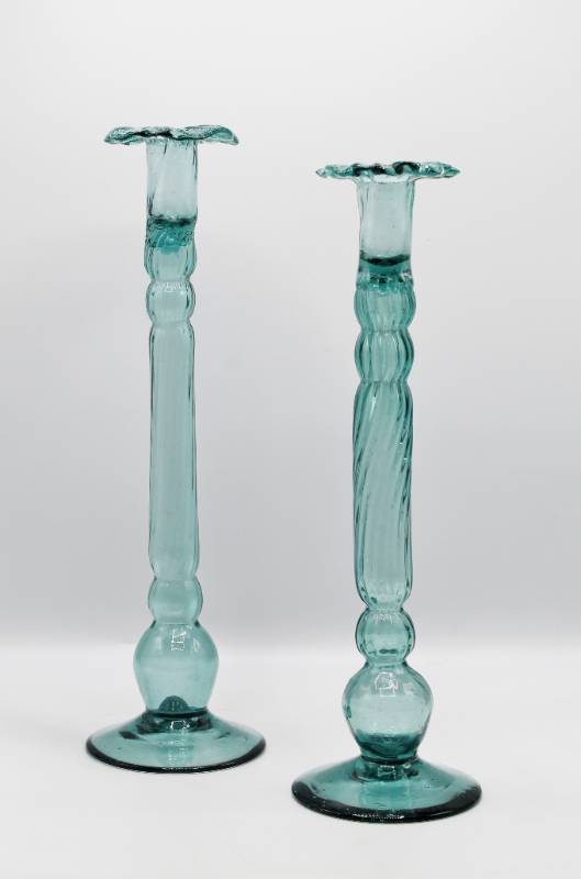 lot 2052 image: Hand Blown Light Blue Glass Candlesticks 13.5 and 14 Tall