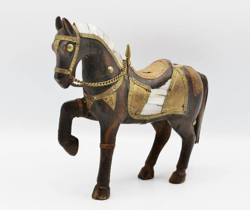 lot 2081 image: Solid Wood and Brass Horse Figurine with Shell Inlay 6.5 Tall
