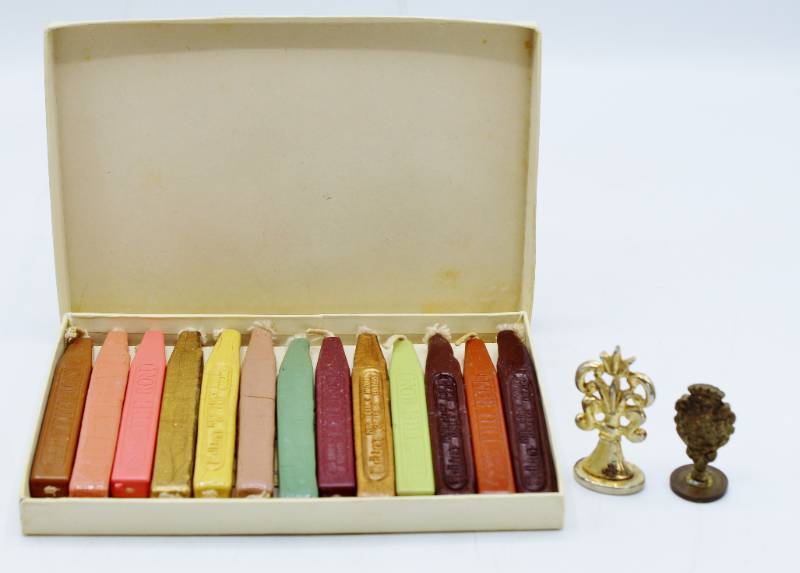 lot 2098 image: Wax Seal Stamps and Box of Sealing Wax