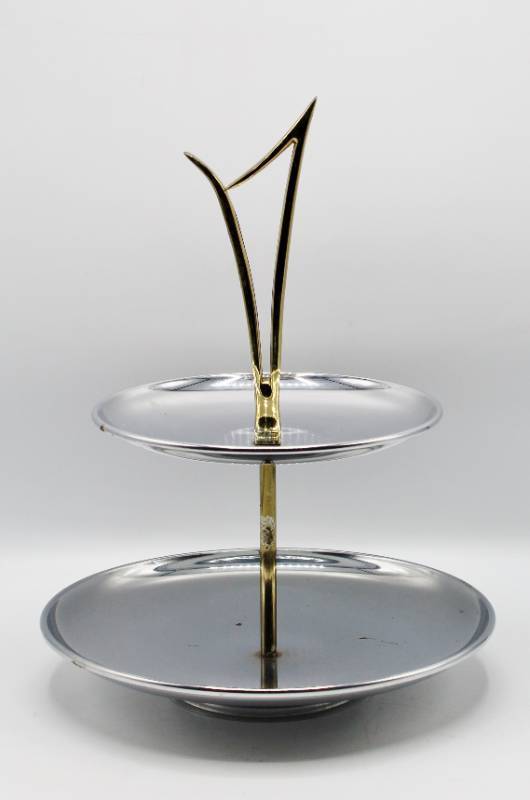 lot 2125 image: Mid Century Atomic 2 Tier Appetizer Tidbit Serving Tray Chrome