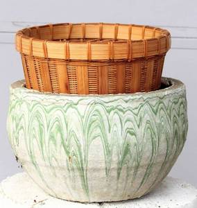 lot 2347 image: Green & White Cement Planter Pot and Wicker Plant Basket