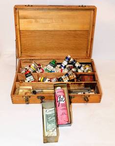 lot 2342 image: Antique Painters Box with Assorted Vintage Acrylic Tubes and more...