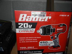 lot 3352 image: NEW IN BOX BAUER 20V Hypermax Lithium-Ion Cordless 12 In. Impact Wrench - Tool Only