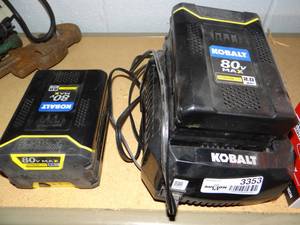 lot 3353 image: Lot of 2 Kobalt 80-Volt Max 2-Amps Rechargeable Lithium Ion Cordless Power Equipment Batteries and Charger