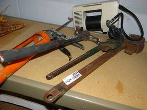 lot 3354 image: 2 Pipe Wrench, Roofing Hammer, Caulk Gun and Air Pump