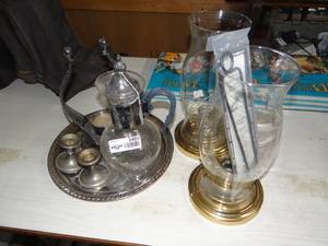 lot 3408 image: Silver Plate items and Large Glass Candle Holders