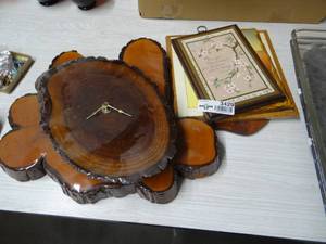 lot 3429 image: 2 Live Edge Wood Clocks and Misc Wall Art
