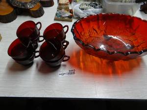 lot 3443 image: 8 Red Glass Cups and 1 Red Glass Candy Dish